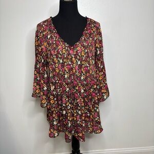 Ninety Clothing Co Floral Boho Tunic Top Women’s 1X Multicolor Rayon 3/4 Sleeve